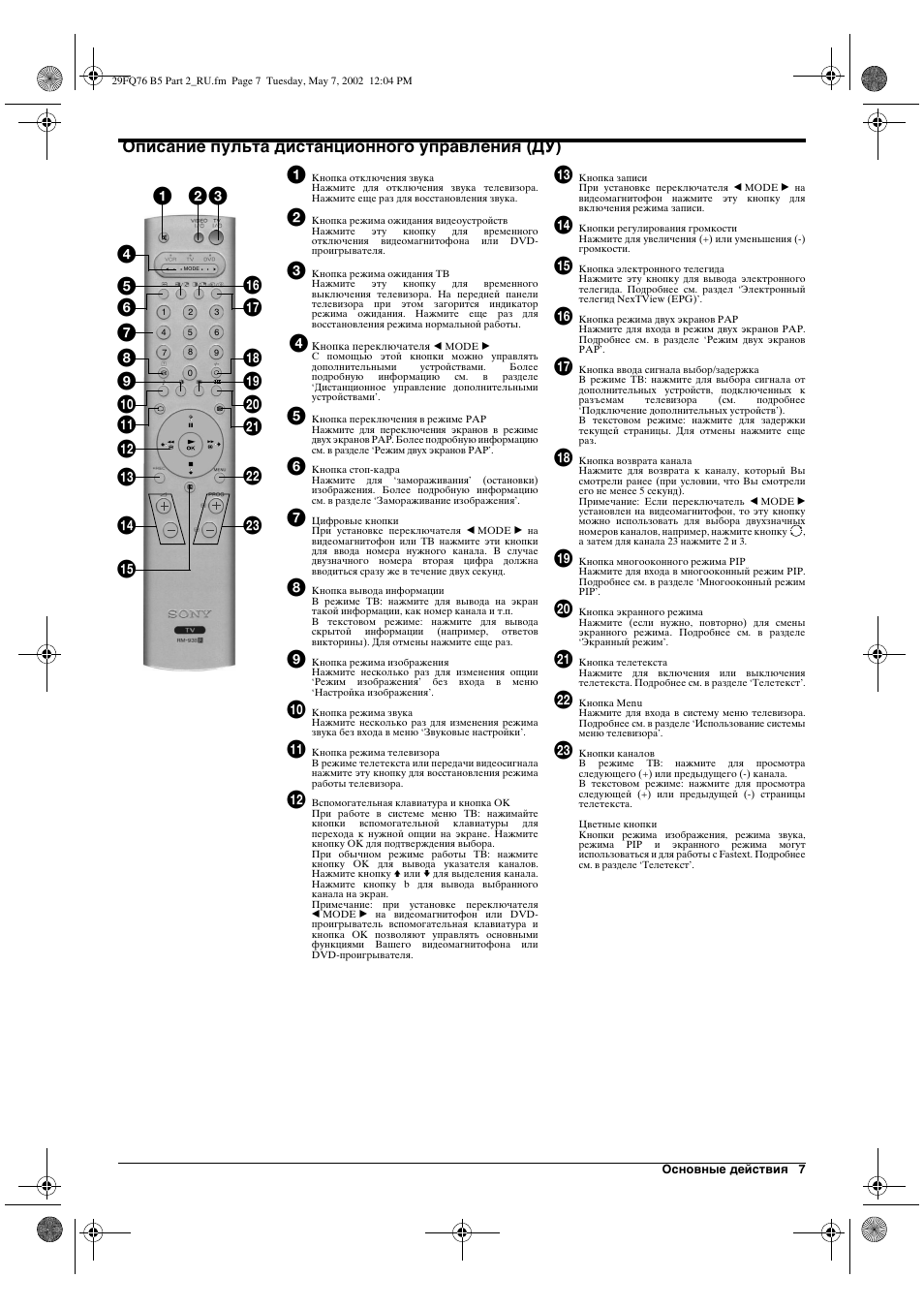 Описание пульта дистанционного управления (ду) | Sony WEGA KV-29FQ76 K User Manual | Page 129 / 148