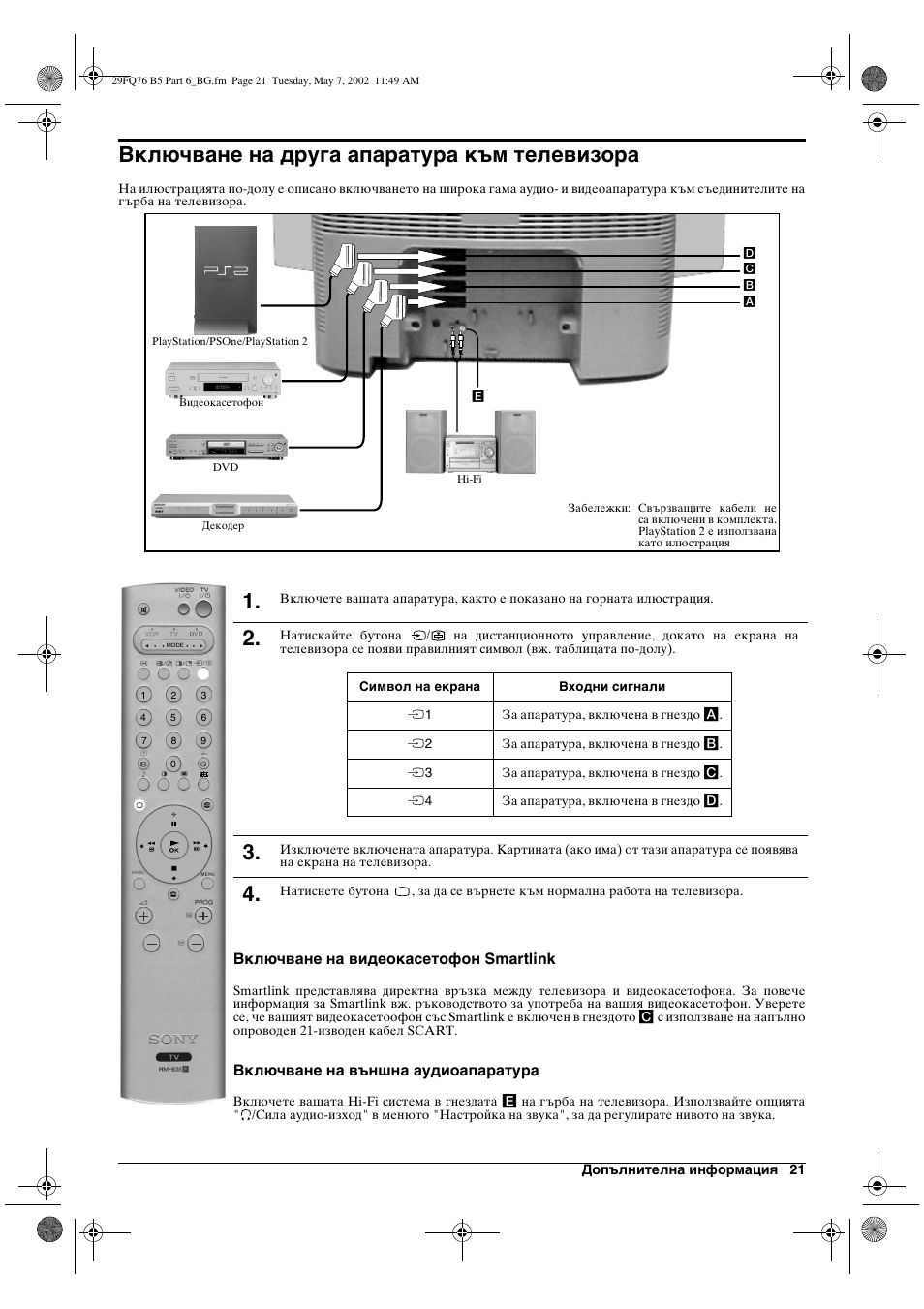 Включване на друга апаратура към телевизора | Sony WEGA KV-29FQ76 K User Manual | Page 23 / 148