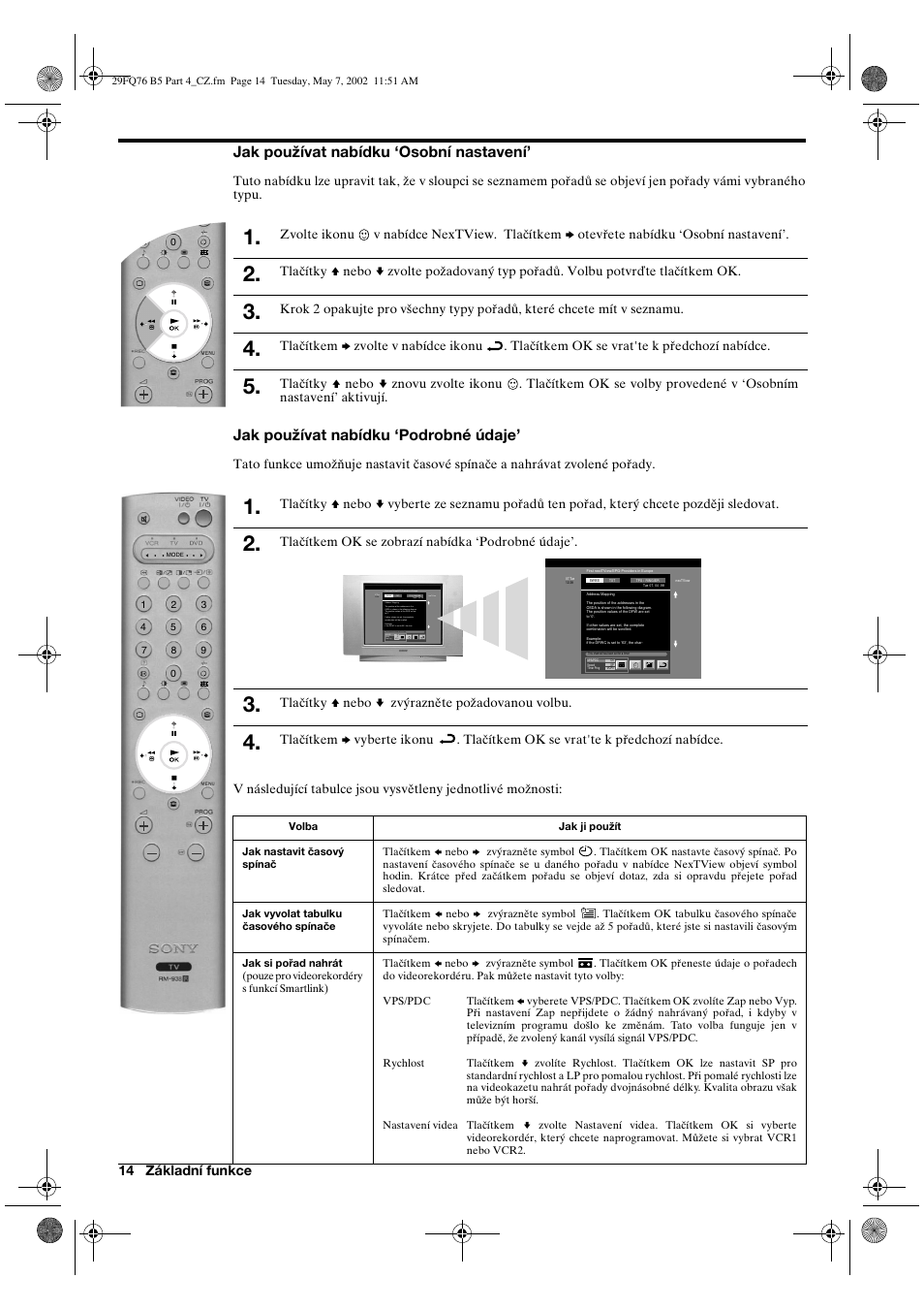 Jak používat nabídku ‘osobní nastavení, Jak používat nabídku ‘podrobné údaje | Sony WEGA KV-29FQ76 K User Manual | Page 40 / 148