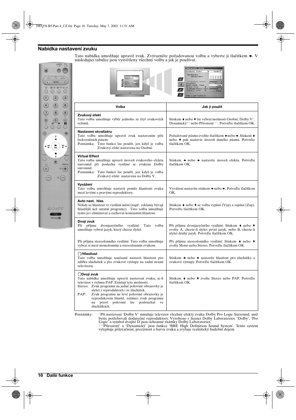 Nabídka nastavení zvuku | Sony WEGA KV-29FQ76 K User Manual | Page 42 / 148