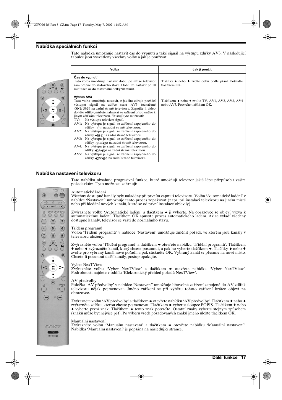 Nabídka speciálních funkcí, Nabídka nastavení televizoru | Sony WEGA KV-29FQ76 K User Manual | Page 43 / 148