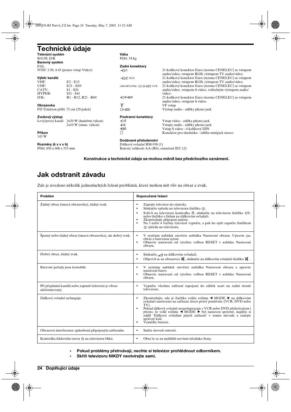 Technické údaje, Jak odstranit závadu | Sony WEGA KV-29FQ76 K User Manual | Page 50 / 148