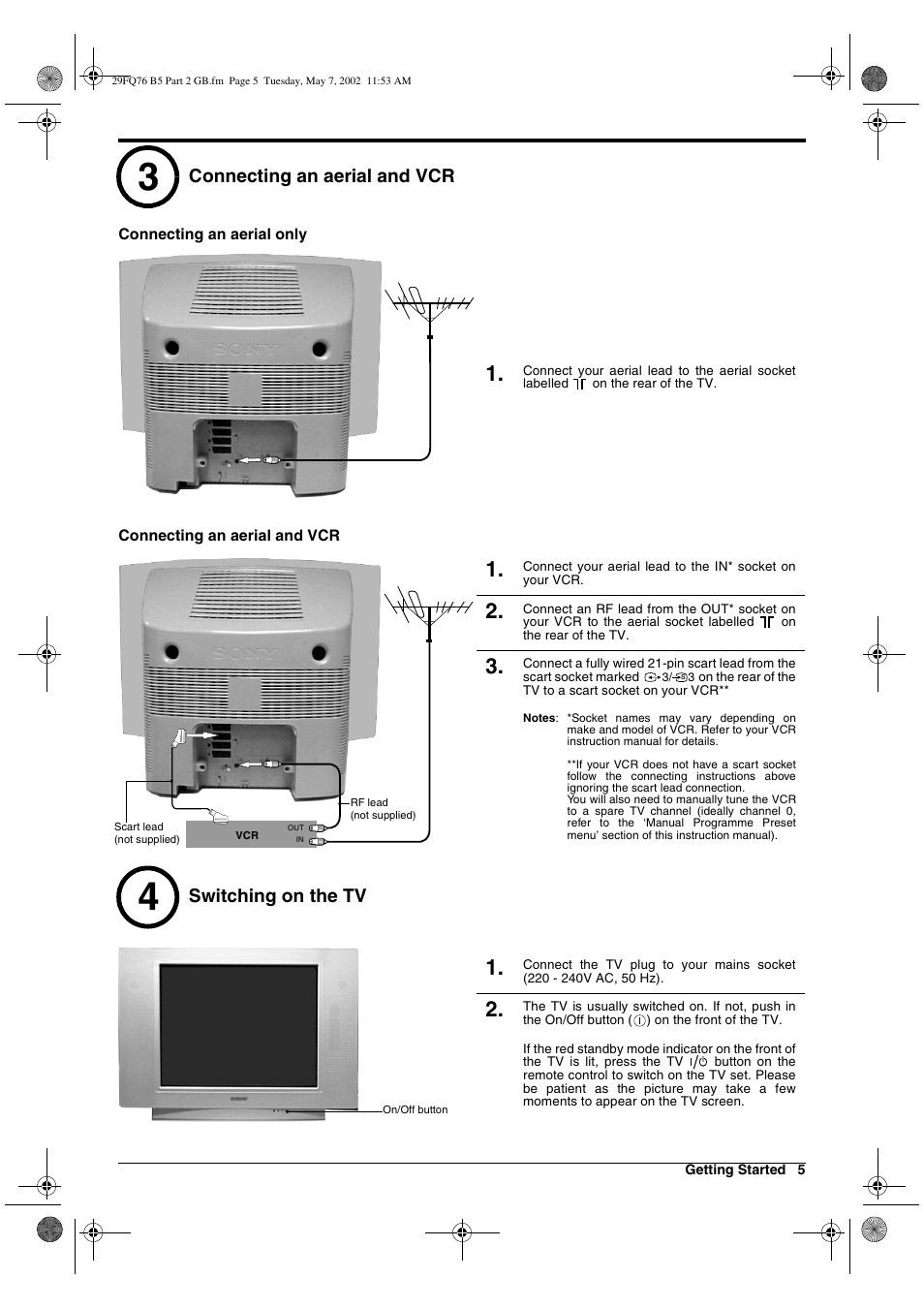 Connecting an aerial and vcr switching on the tv | Sony WEGA KV-29FQ76 K User Manual | Page 55 / 148