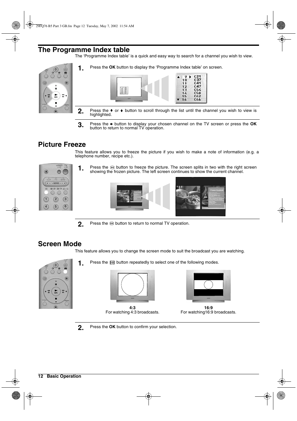 The programme index table, Picture freeze, Screen mode | Sony WEGA KV-29FQ76 K User Manual | Page 62 / 148