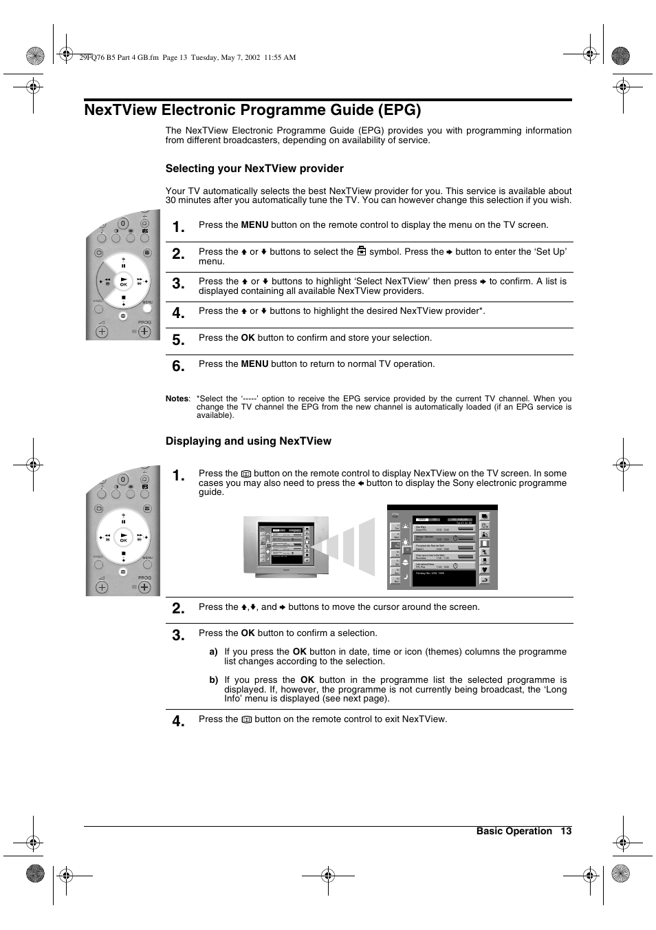 Nextview electronic programme guide (epg), Selecting your nextview provider, Displaying and using nextview | Sony WEGA KV-29FQ76 K User Manual | Page 63 / 148