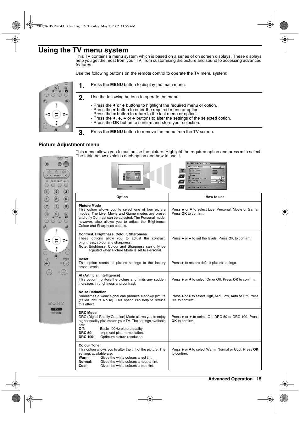 Using the tv menu system | Sony WEGA KV-29FQ76 K User Manual | Page 65 / 148