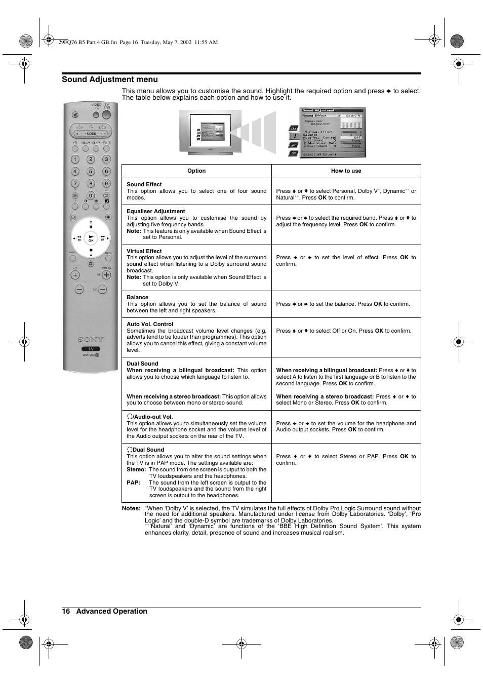 Sound adjustment menu | Sony WEGA KV-29FQ76 K User Manual | Page 66 / 148