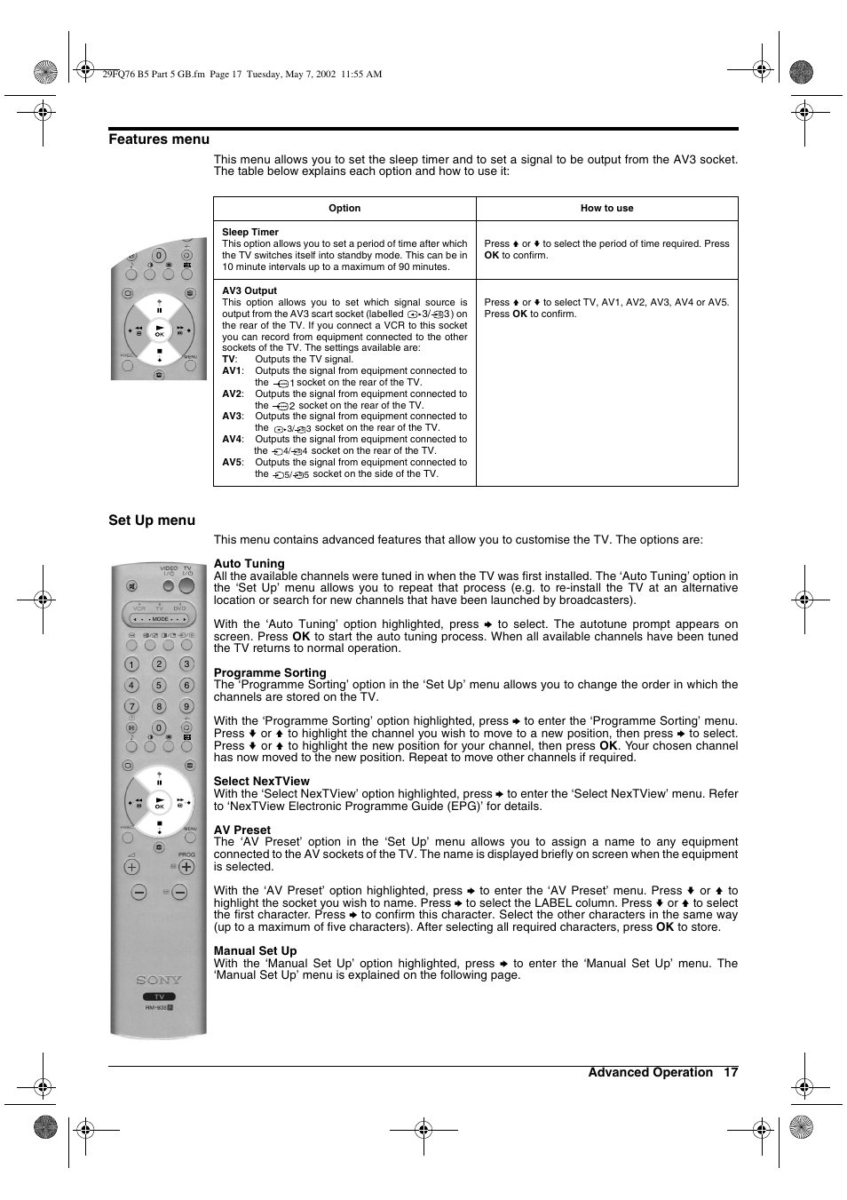 Features menu, Set up menu | Sony WEGA KV-29FQ76 K User Manual | Page 67 / 148