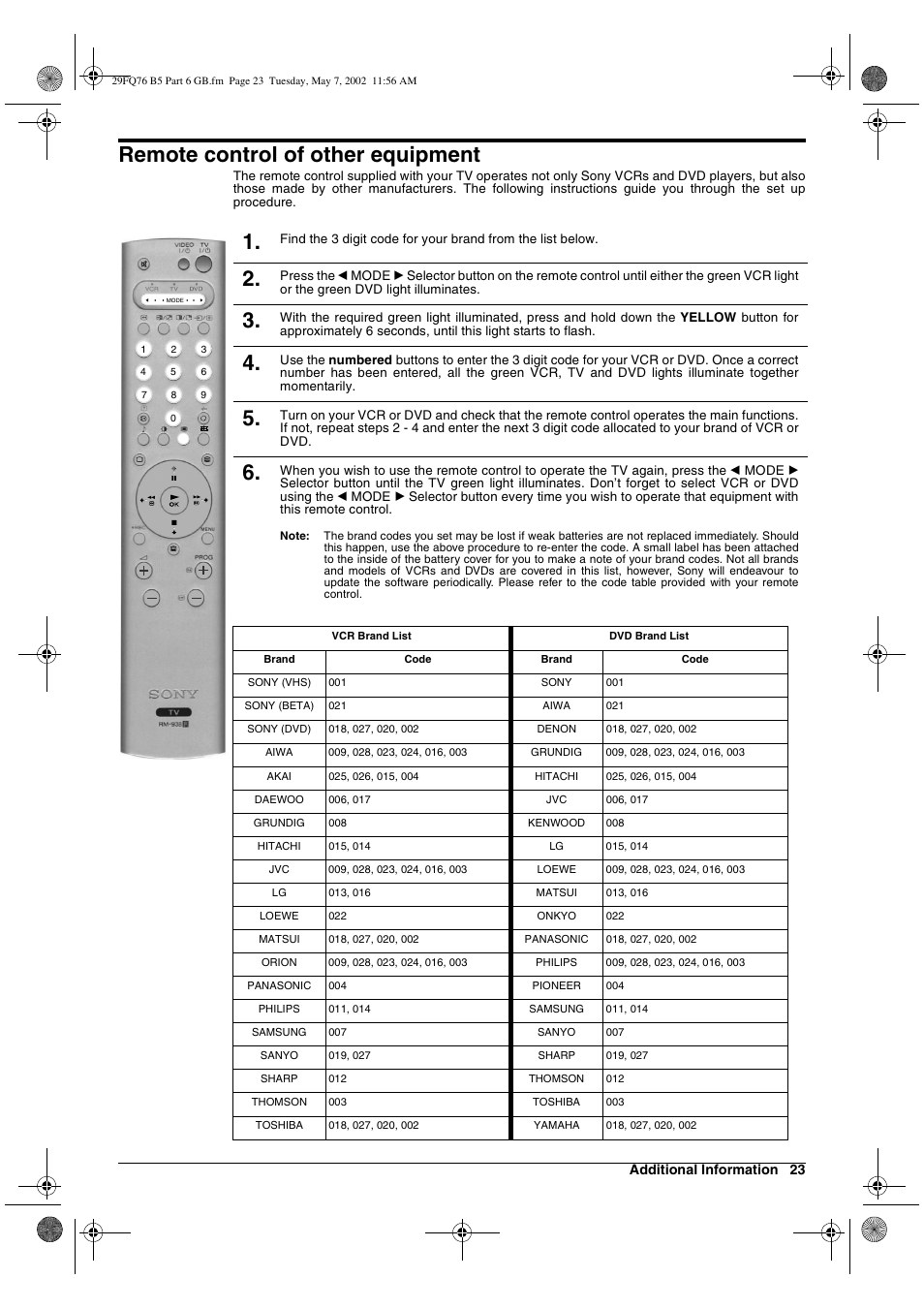 Remote control of other equipment | Sony WEGA KV-29FQ76 K User Manual | Page 73 / 148
