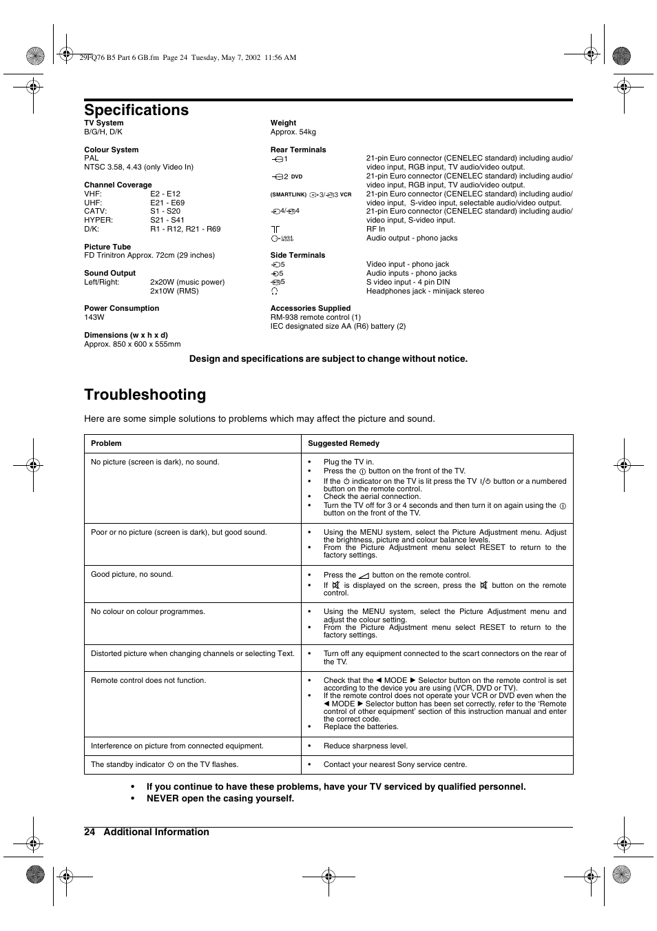 Specifications, Troubleshooting | Sony WEGA KV-29FQ76 K User Manual | Page 74 / 148