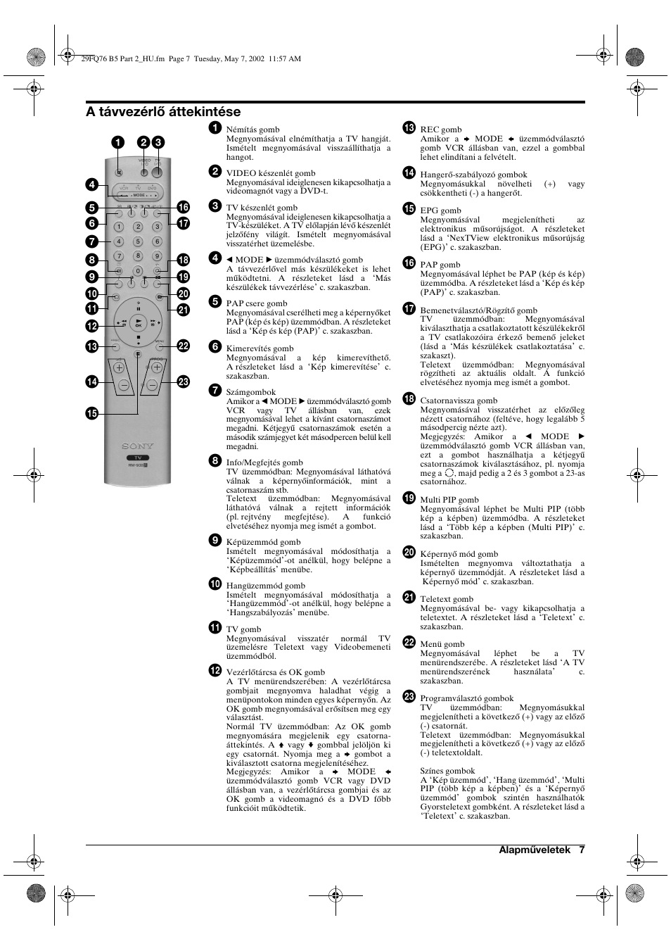 A távvezérlő áttekintése 1 | Sony WEGA KV-29FQ76 K User Manual | Page 81 / 148