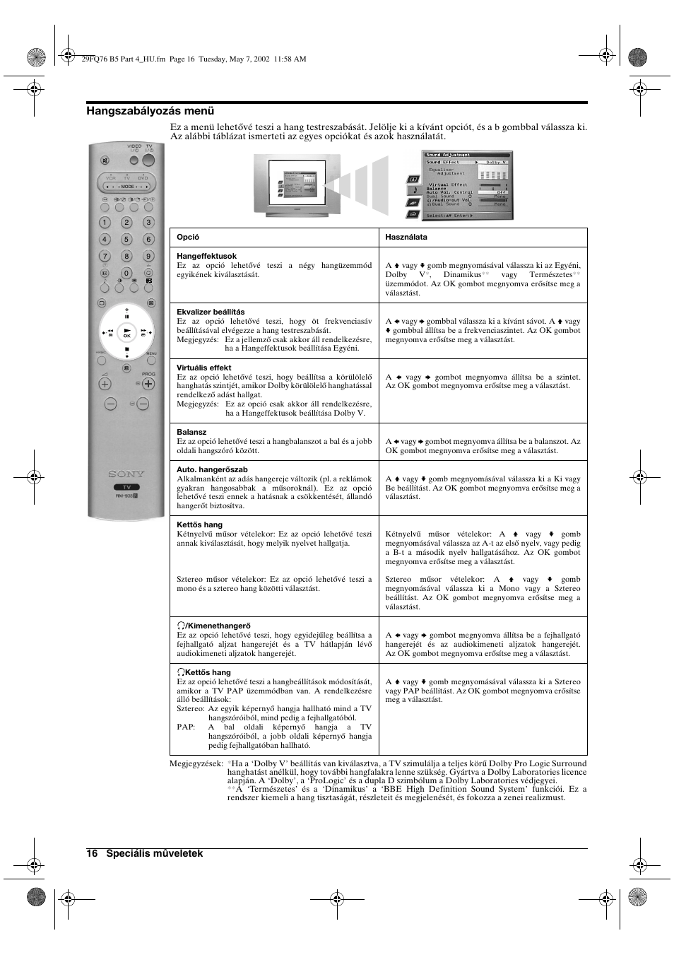 Hangszabályozás menü | Sony WEGA KV-29FQ76 K User Manual | Page 90 / 148