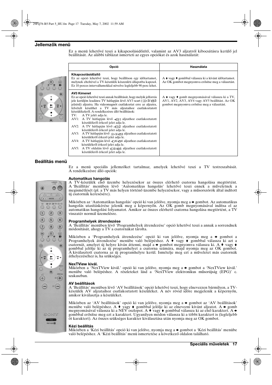 Jellemzők menü, Beállítás menü | Sony WEGA KV-29FQ76 K User Manual | Page 91 / 148