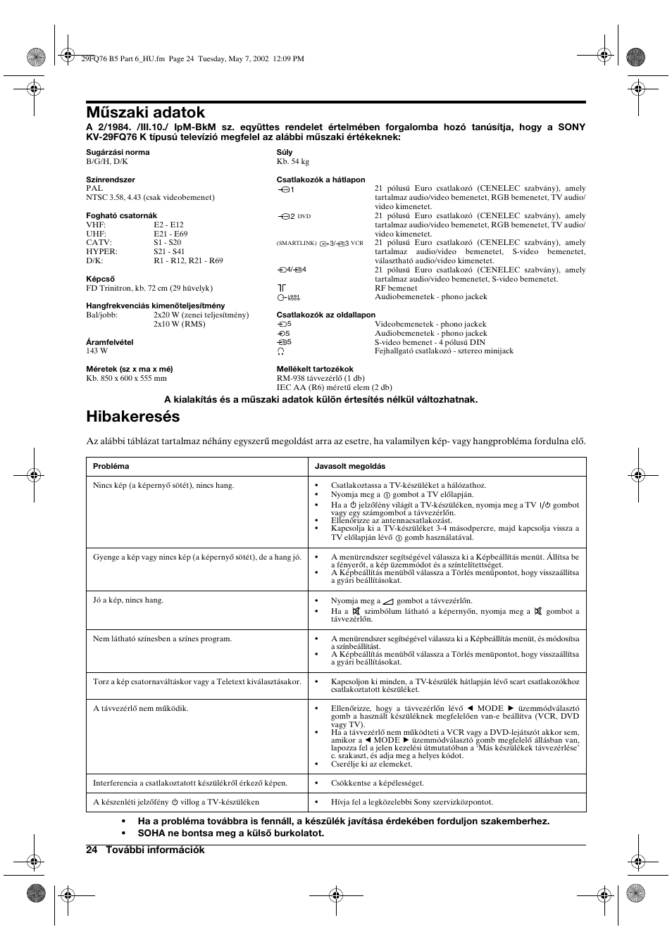 Műszaki adatok, Hibakeresés | Sony WEGA KV-29FQ76 K User Manual | Page 98 / 148