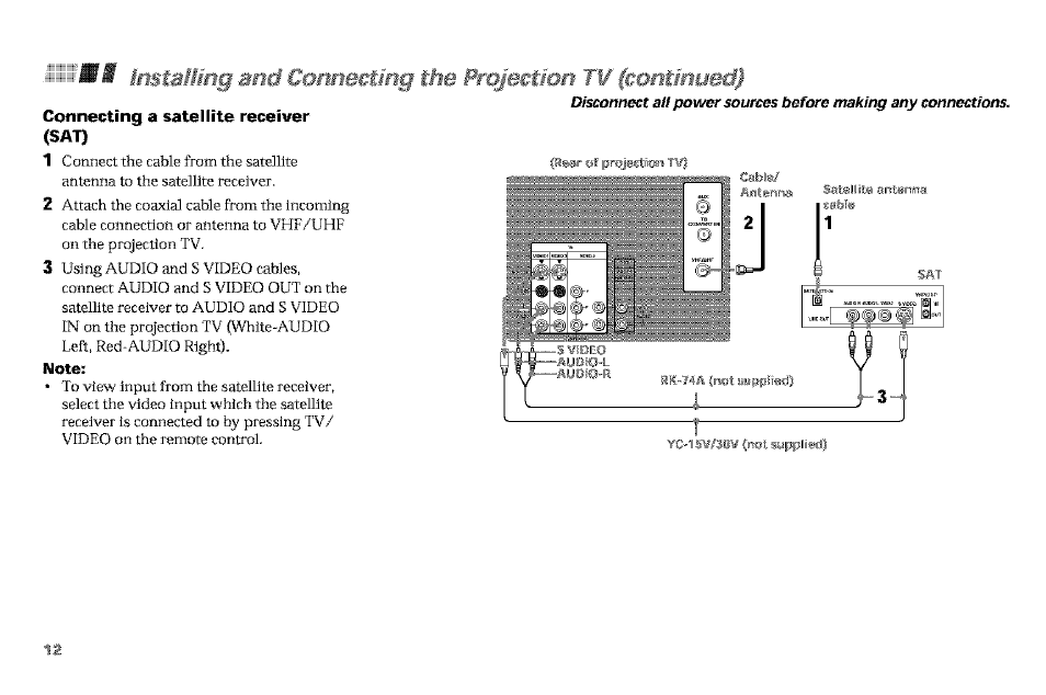 Connecting a satellite receiver (sat), Note | Sony KP-61V90 User Manual | Page 16 / 58