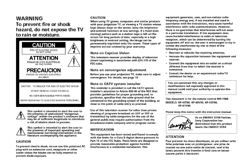 Warning, Caution, Attention | Precaucion | Sony KP-61V90 User Manual | Page 2 / 58