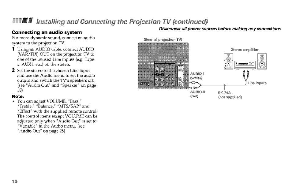 Connecting an audio system, Note | Sony KP-61V90 User Manual | Page 20 / 58