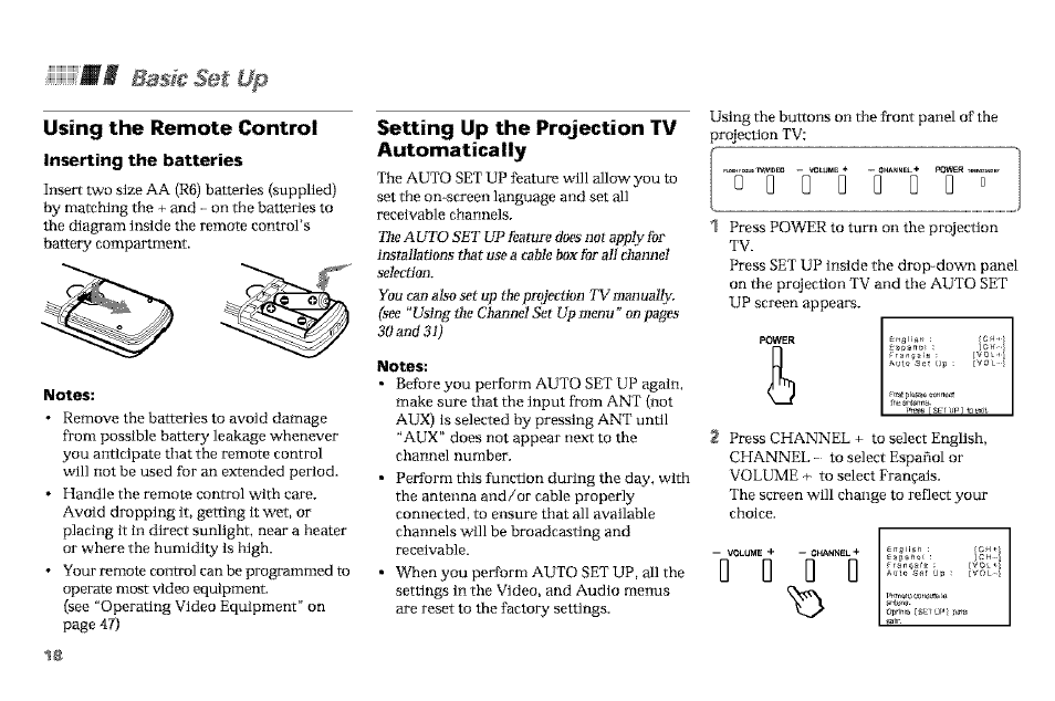 Using the remote control, Inserting the batteries, Notes | Setting up the projection tv automatically, D d d d d û, D d d | Sony KP-61V90 User Manual | Page 22 / 58