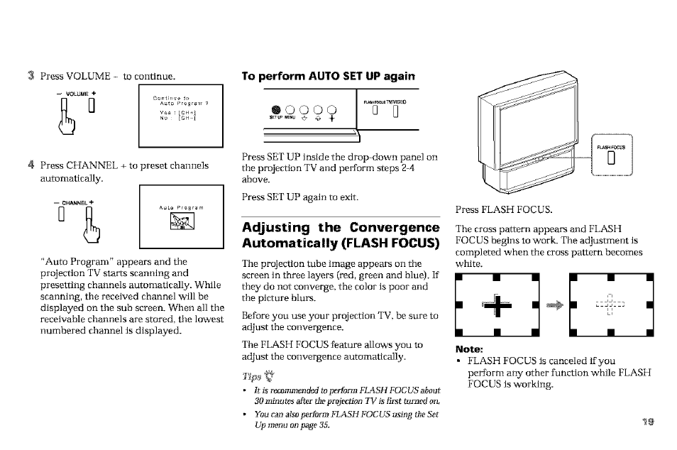 To perform auto set up again, Note, Adjusting the convergence automatically | Flash focus), O o o o | Sony KP-61V90 User Manual | Page 23 / 58