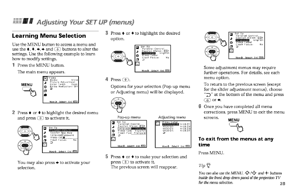 Jif a£§iistmg voiji ' ; ' imms), Learning menu selection, A£§iistmg voiji | Imms) | Sony KP-61V90 User Manual | Page 29 / 58