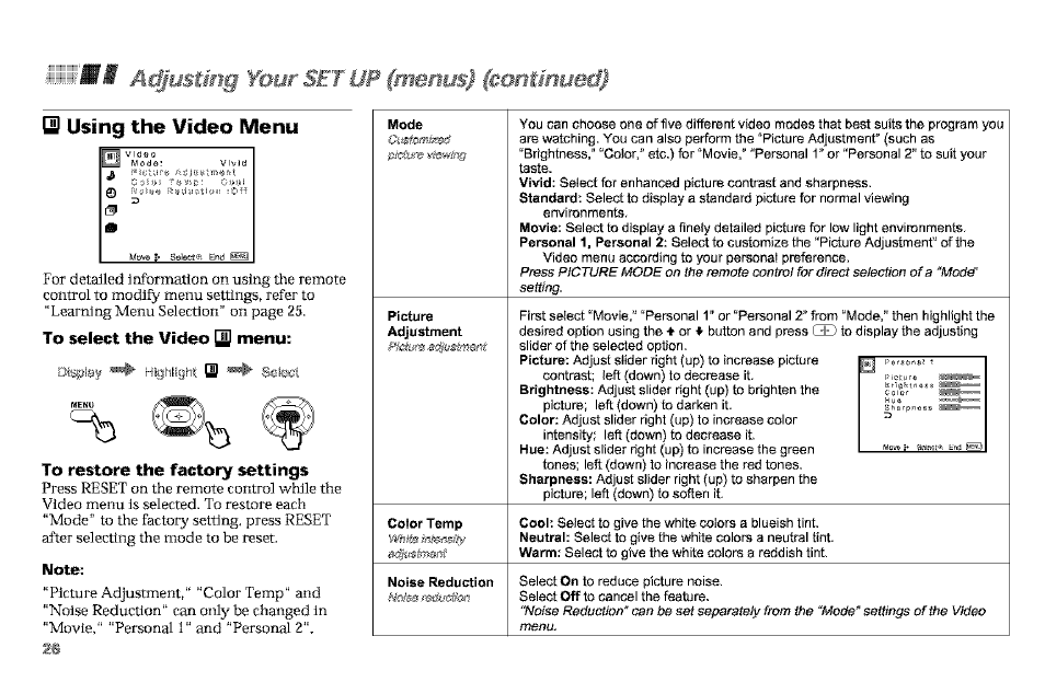 B using the video menu, To select the video b menu, To restore the factory settings | Note, A£§iistmg voiji, Imms) (contmueti) | Sony KP-61V90 User Manual | Page 30 / 58