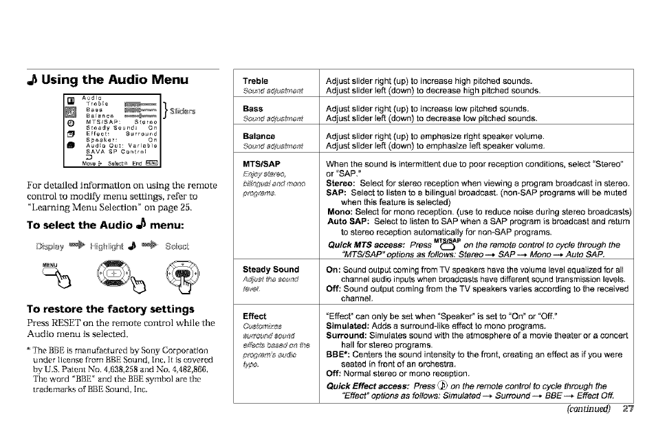 Using the audio menu, To select the audio menu, To restore the factory settings | Sony KP-61V90 User Manual | Page 31 / 58