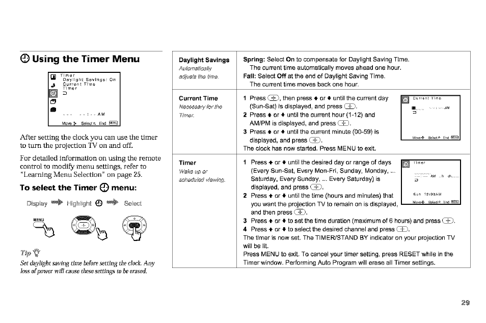 0 using the timer menu, To select the timer 0 menu, Using the timer menu | 0 menu | Sony KP-61V90 User Manual | Page 33 / 58