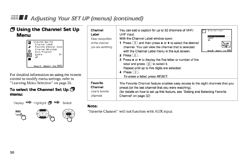 0 using the channel set up menu, To select the channel set up 9 menu, Note | Using the channel set up menu.30, A£§iistmg voiji, Imius) (cofìtkmeé), Using the channel set up menu | Sony KP-61V90 User Manual | Page 34 / 58