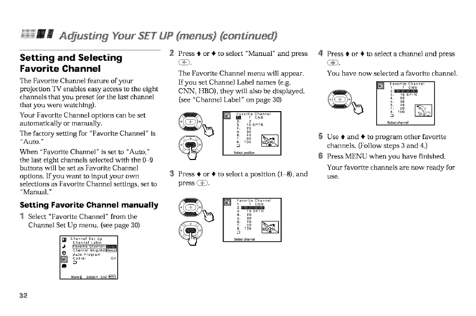 Settinq and selectinq favorite channel, Setting favorite channel manually, M£§iistmg your set up (mmms) (contiimeii | Sony KP-61V90 User Manual | Page 36 / 58