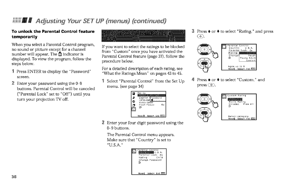 Jif ao)mtmg yoijrstl up (mmm) fco#if#nued, To unlock the parental control feature temporarily, Fco#if#nued | Ao)mtmg yoijrstl up (mmm) | Sony KP-61V90 User Manual | Page 42 / 58