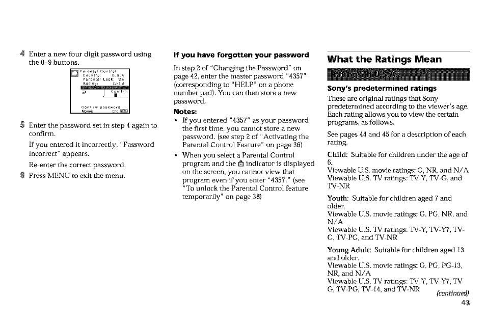 If you have forgotten your password, Notes, What the ratings mean | Sony's predetermined ratings | Sony KP-61V90 User Manual | Page 47 / 58