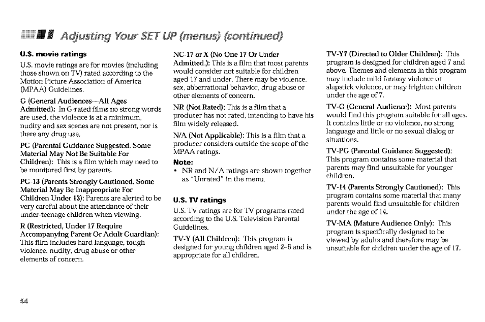 U.s. movie ratings, Note, U.s. tv ratings | Your sf i i (merms) (mntimietl) | Sony KP-61V90 User Manual | Page 48 / 58