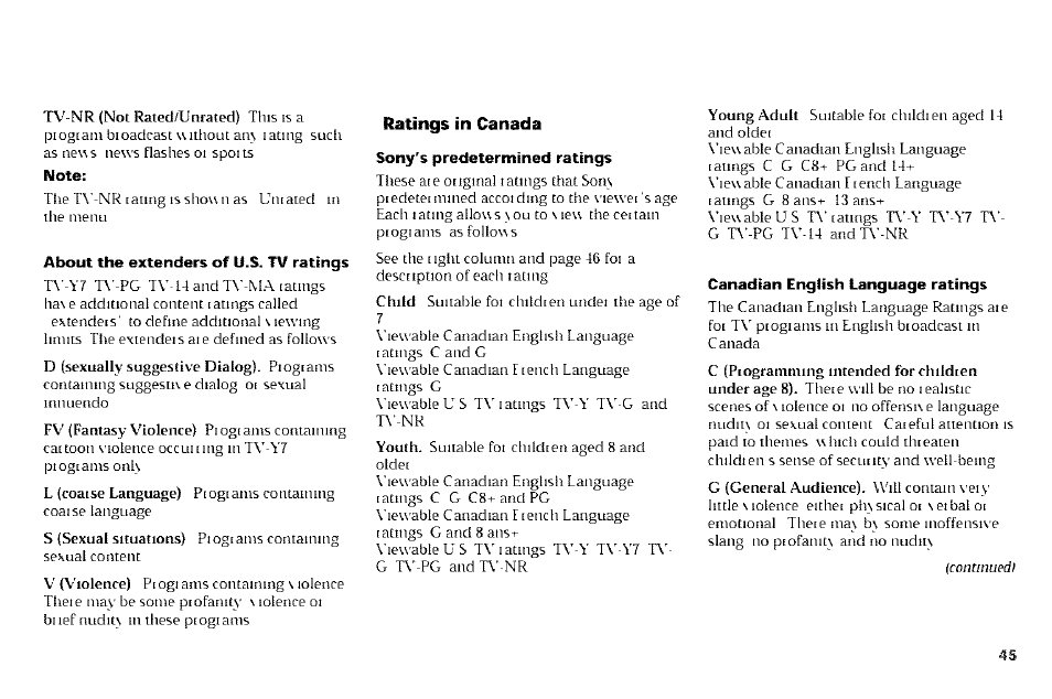 Ratings in canada | Sony KP-61V90 User Manual | Page 49 / 58