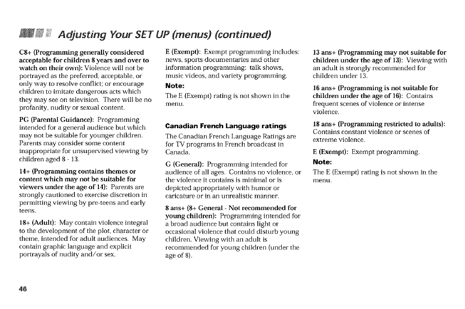 Adjusting your set up (menus) (continued), Note, Canadian french language ratings | Sony KP-61V90 User Manual | Page 50 / 58