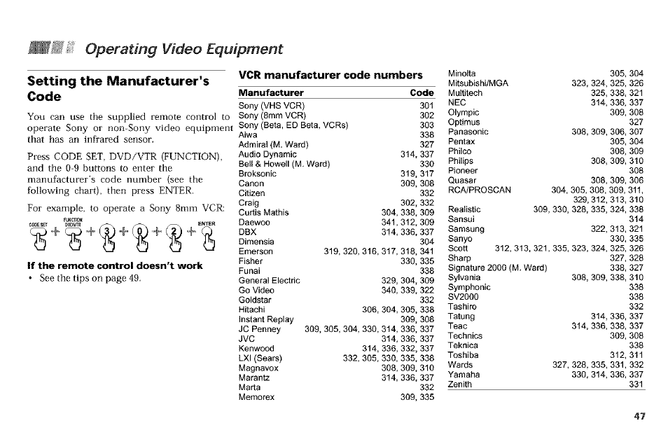 Operating video equipment, Setting the manufacturer's code, If the remote control doesn't work | Vcr manufacturer code numbers, Manufacturer code | Sony KP-61V90 User Manual | Page 51 / 58