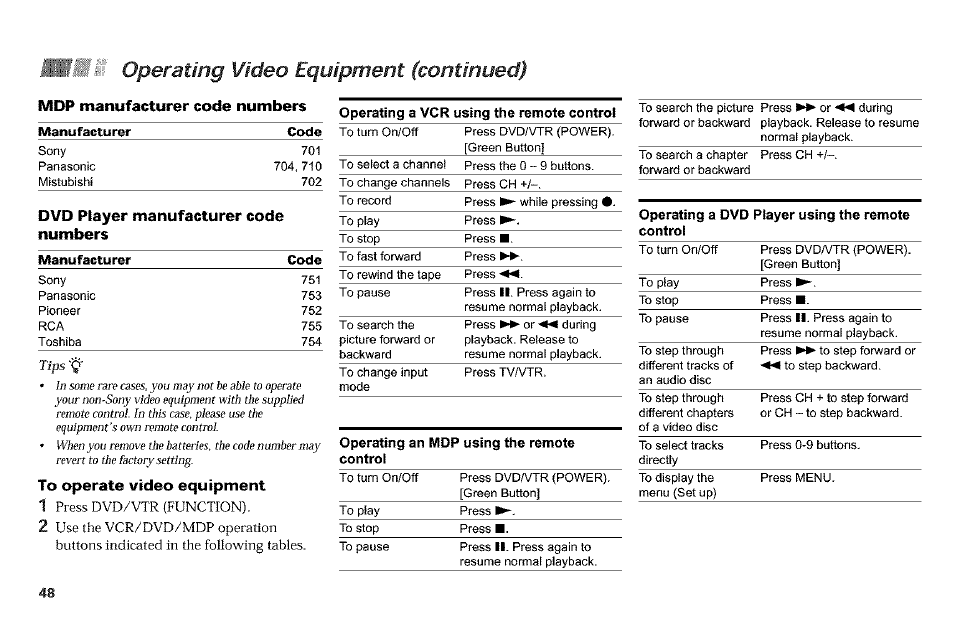 Operating video equipment (continued), Mdp manufacturer code numbers, To operate video equipment | Dvd player manufacturer code numbers | Sony KP-61V90 User Manual | Page 52 / 58