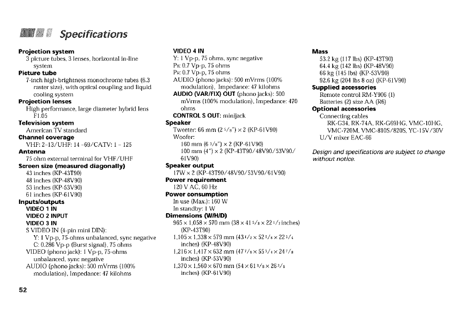 Specifications | Sony KP-61V90 User Manual | Page 56 / 58