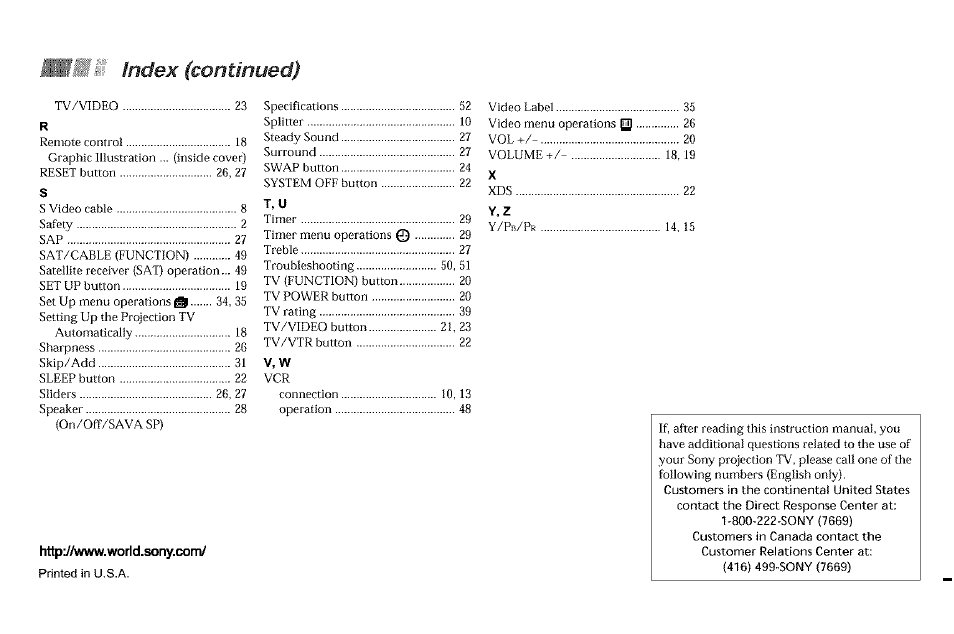 Index (continued) | Sony KP-61V90 User Manual | Page 58 / 58