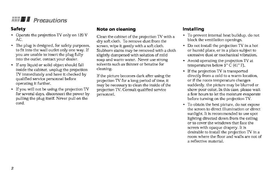 Ili precaiitiom, Safety, Note on cleaning | Installing, Precaiitiom | Sony KP-61V90 User Manual | Page 6 / 58