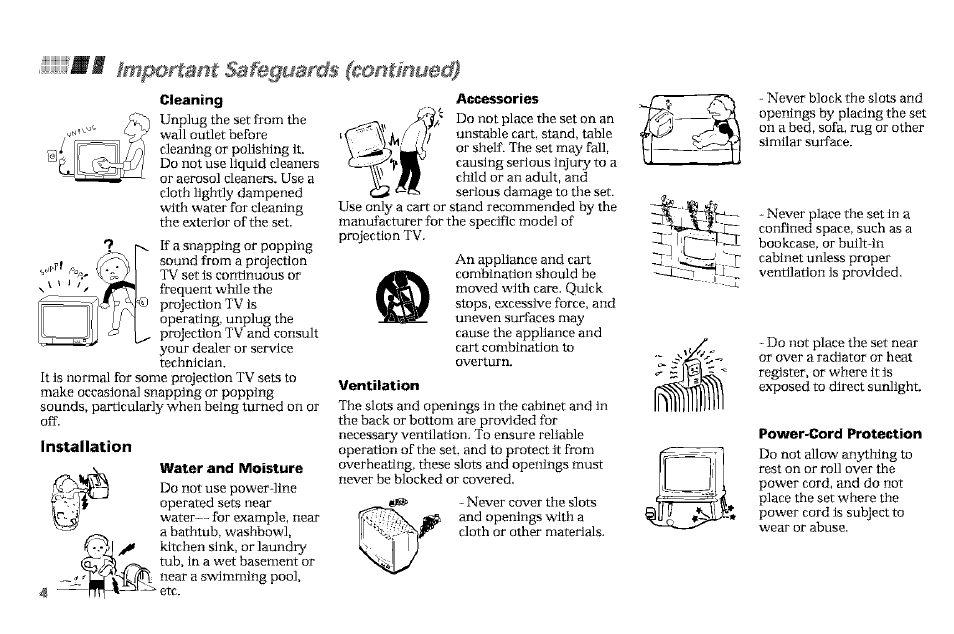 Riportant safeguariis (cmttiiweti, Cleaning, Installation | Water and moisture, Acc^sories, Ventilation, Power-cord protection | Sony KP-61V90 User Manual | Page 8 / 58