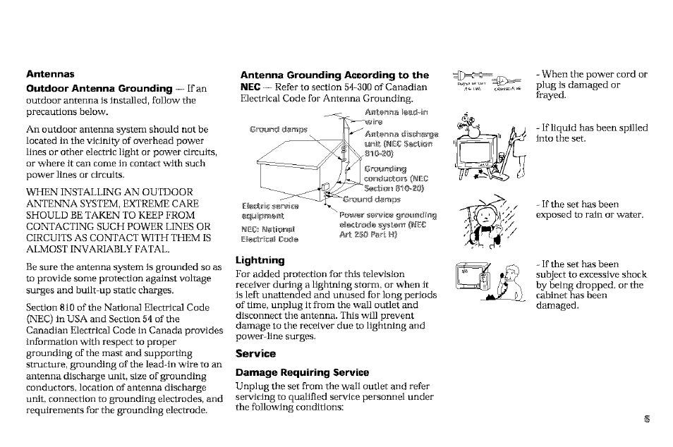 Antennas, Outdoor antenna grounding if an, Antenna grounding according to the | Lightning, Service, Damage requiring service, Antenna | Sony KP-61V90 User Manual | Page 9 / 58