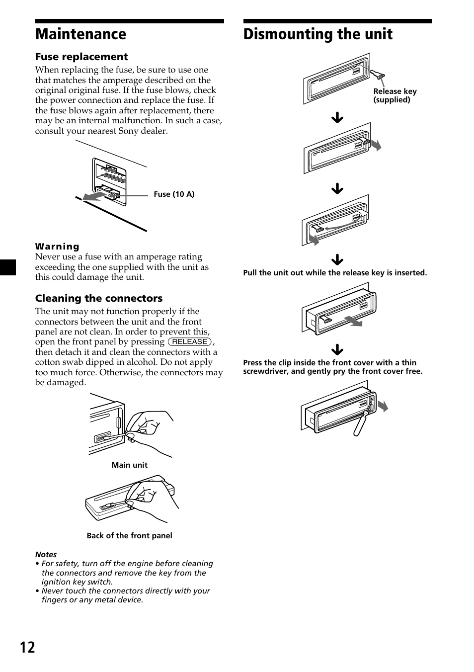 Maintenance, Dismounting the unit, Maintenance dismounting the unit | 12 dismounting the unit | Sony CDX-6500/4500 User Manual | Page 12 / 30