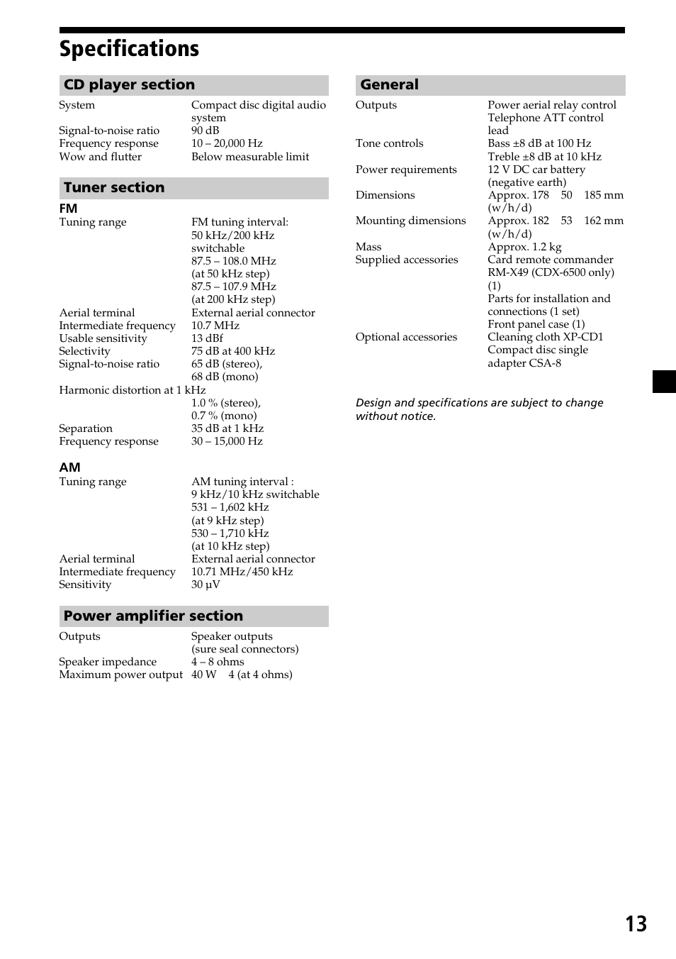 Specifications, 13 specifications, General | Sony CDX-6500/4500 User Manual | Page 13 / 30