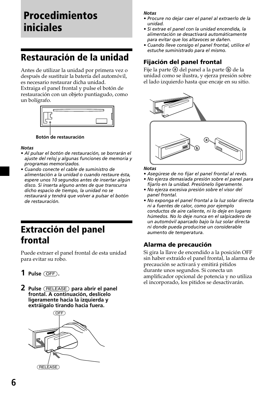 Procedimientos iniciales, Restauración de la unidad, Extracción del panel frontal | Sony CDX-6500/4500 User Manual | Page 20 / 30