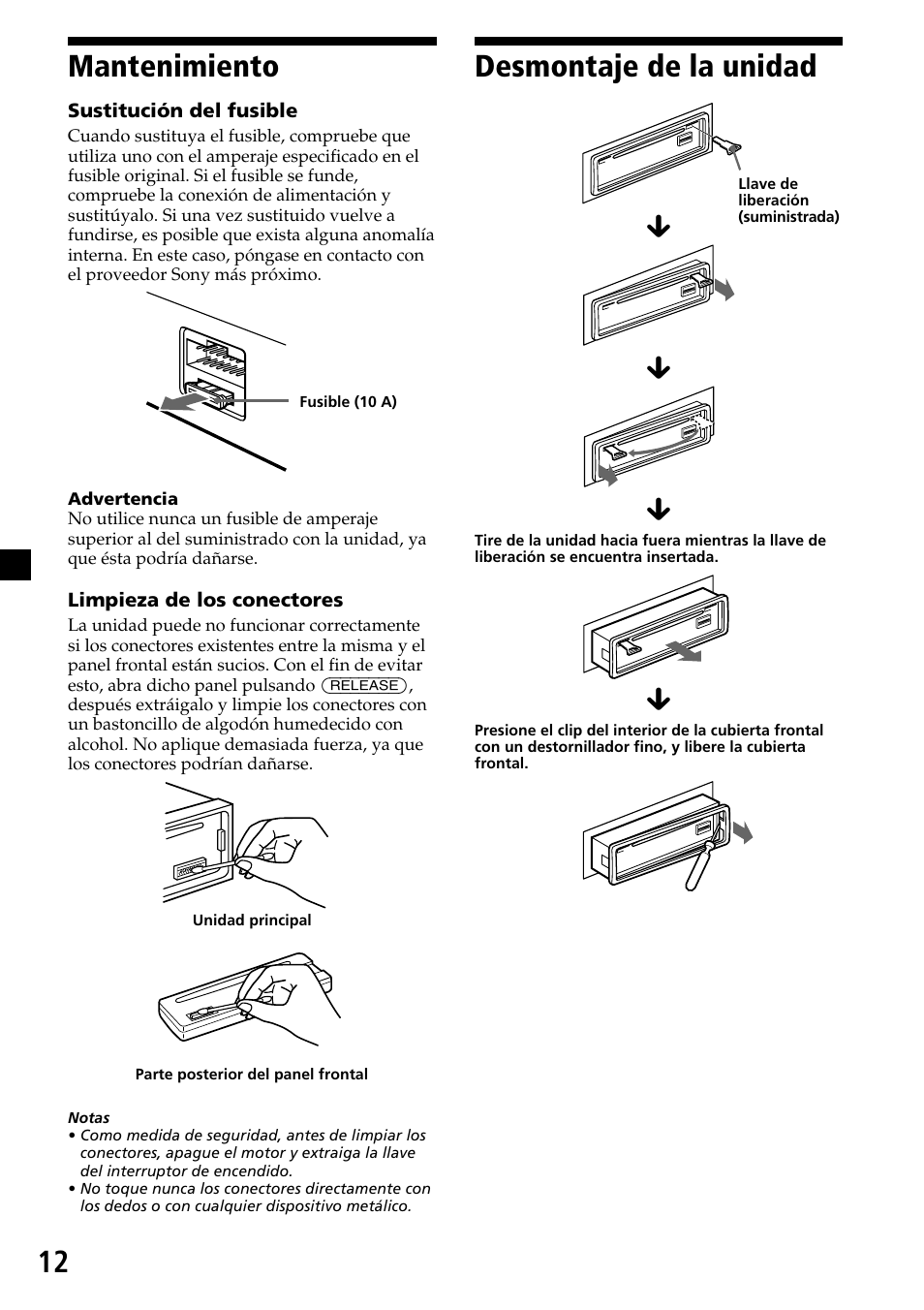 12 desmontaje de la unidad, Mantenimiento | Sony CDX-6500/4500 User Manual | Page 26 / 30