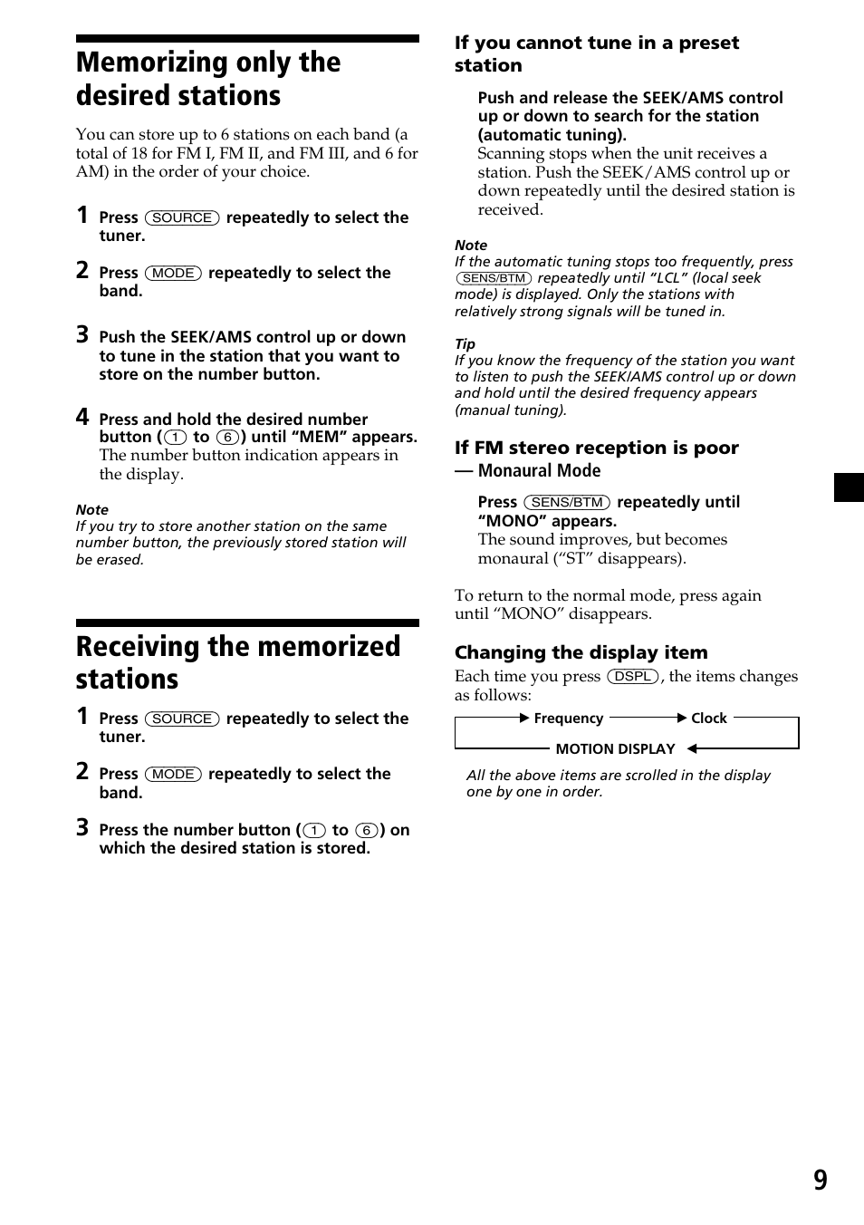 Memorizing only the desired stations, Receiving the memorized stations | Sony CDX-6500/4500 User Manual | Page 9 / 30
