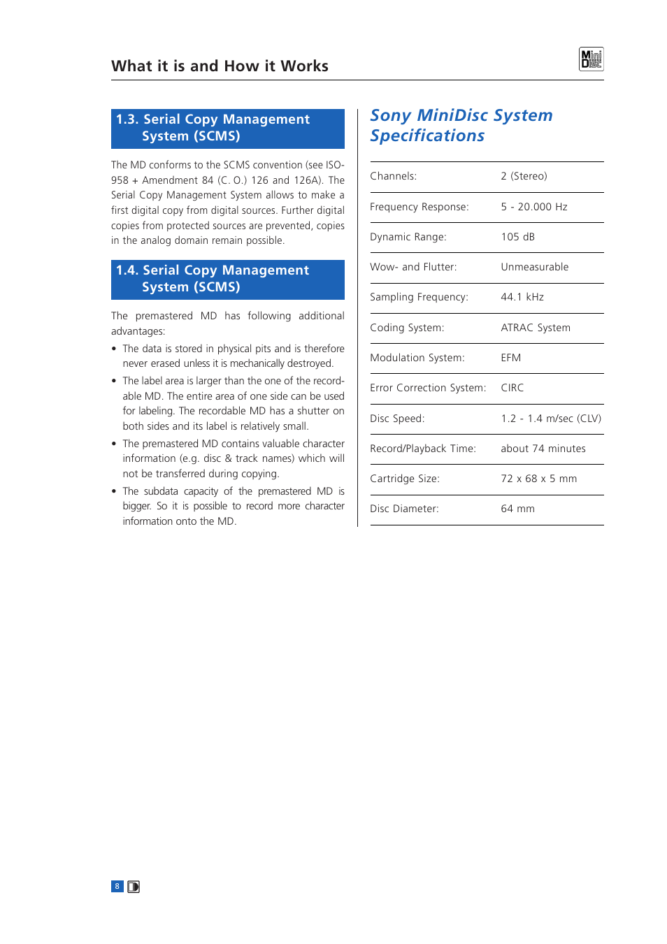 Serial copy management system, Additional features of the premastered md, Sony minidisc system specifications | What it is and how it works, Serial copy management system (scms) | Sony MINIDISC User Manual | Page 10 / 30