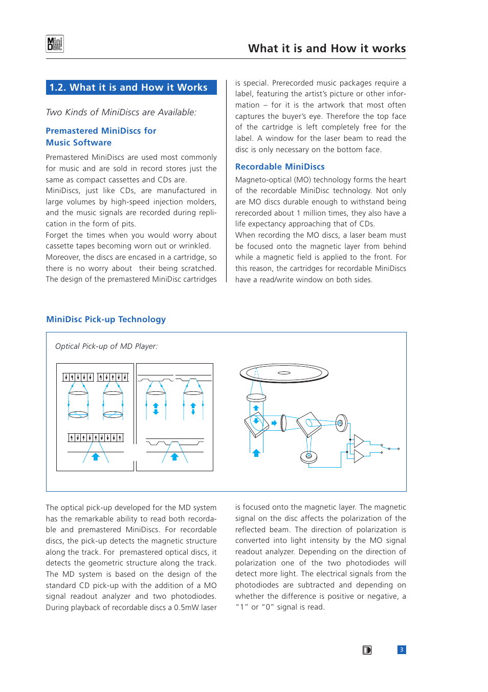 What it is and how it works, Two kinds of minidiscs are available, Premastered minidiscs for music software | Recordable minidiscs, Minidisc pick-up technology | Sony MINIDISC User Manual | Page 5 / 30