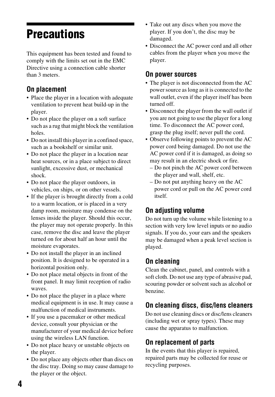 Precautions | Sony BDP-S790 User Manual | Page 4 / 52