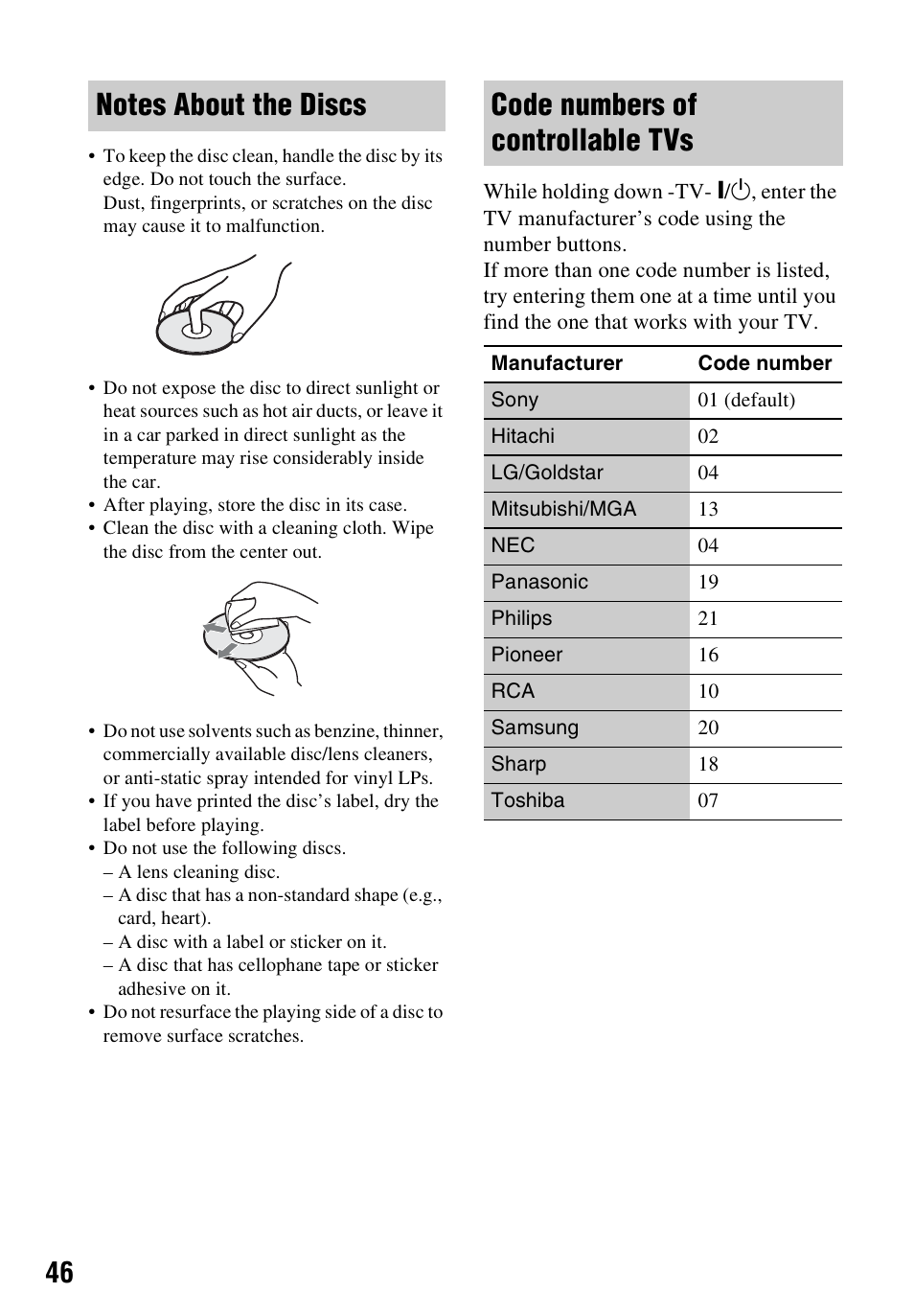 Notes about the discs, Code numbers of controllable tvs | Sony BDP-S790 User Manual | Page 46 / 52